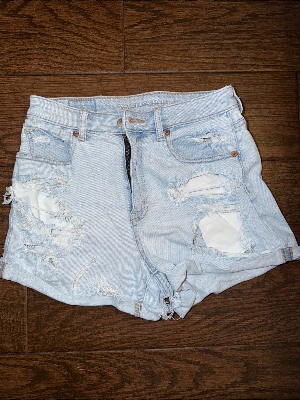American Eagle Outfitters Light Blue Distressed High-Rise Jean Shorts